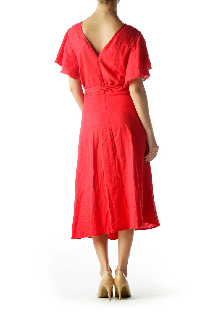 Red Flared Sleeves Day Dress with Belt