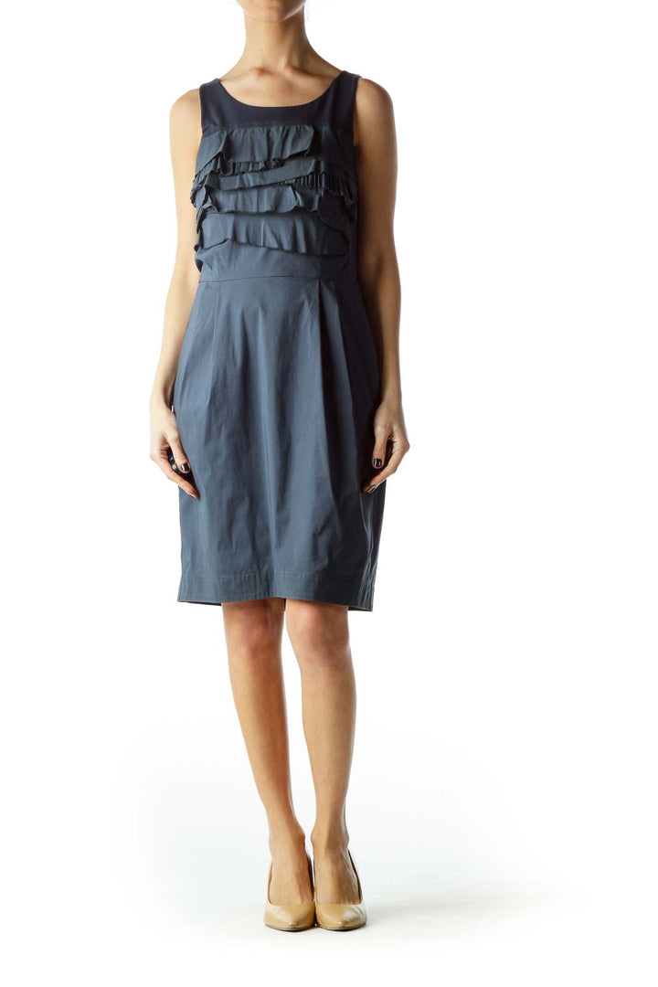 Blue Ruffled Chest Pocketed Work Dress