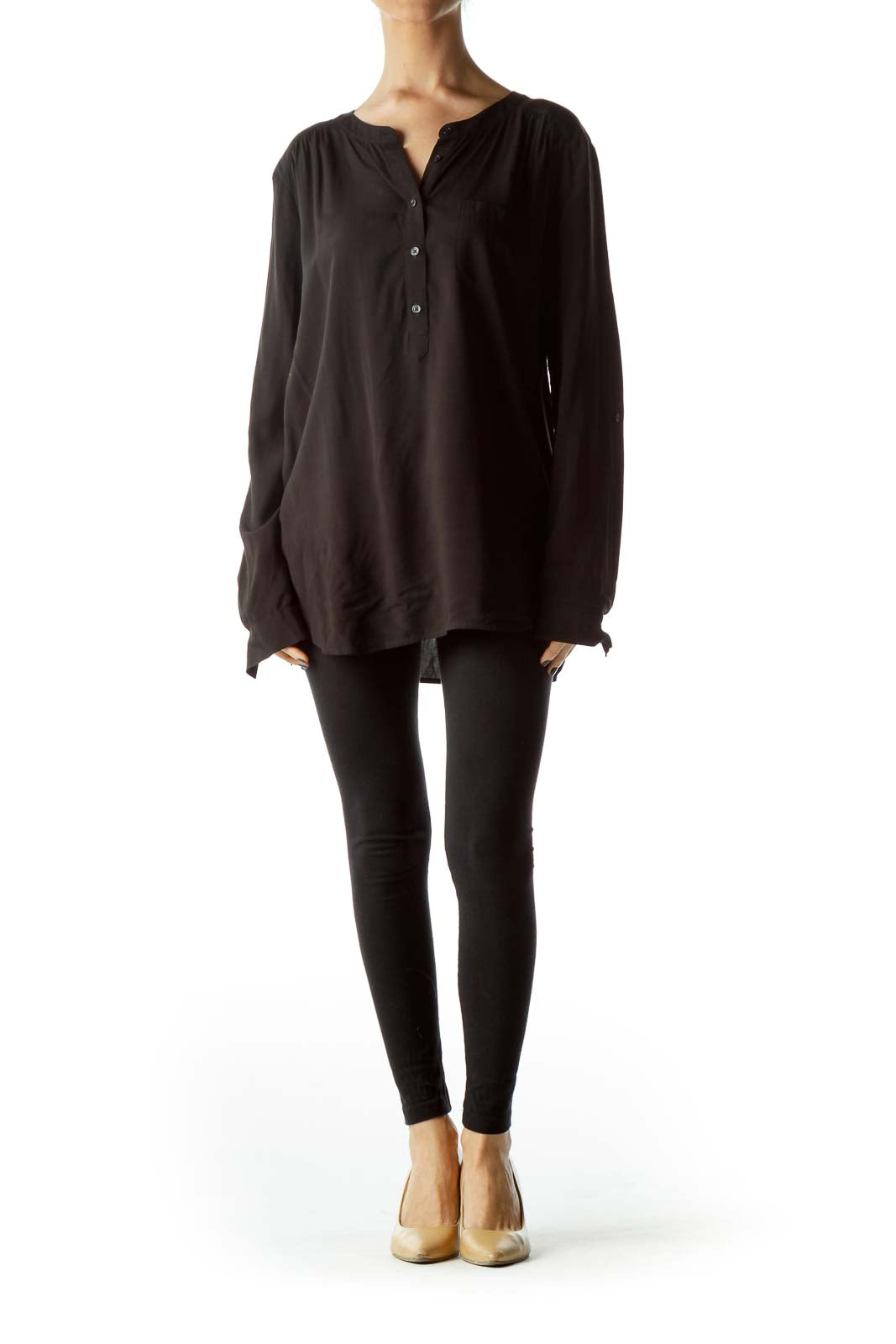 Black Pocketed Long Sleeve Blouse