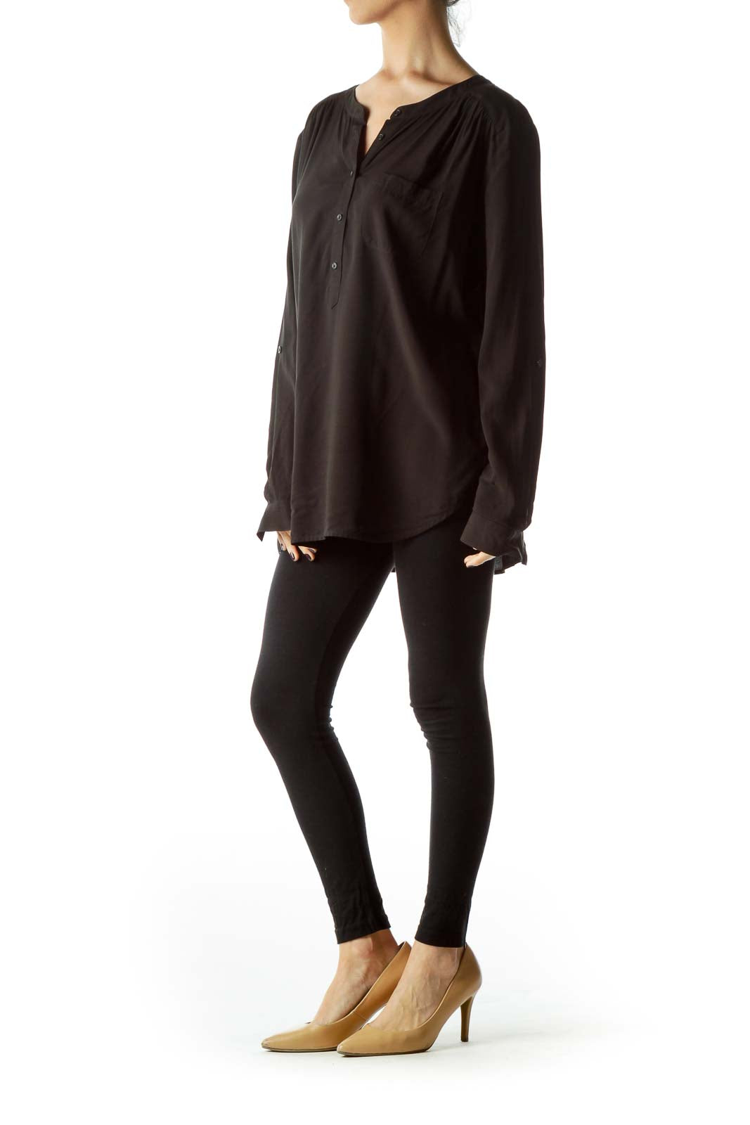 Black Pocketed Long Sleeve Blouse