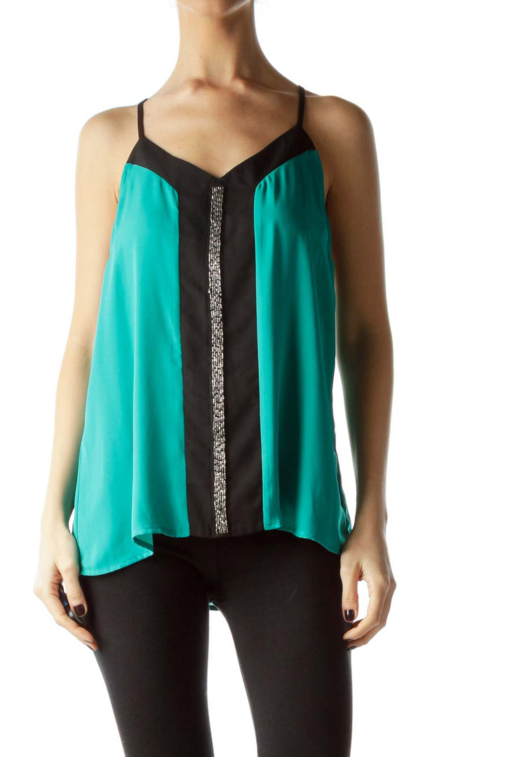 Blue Black Beaded Spaghetti Strap Top