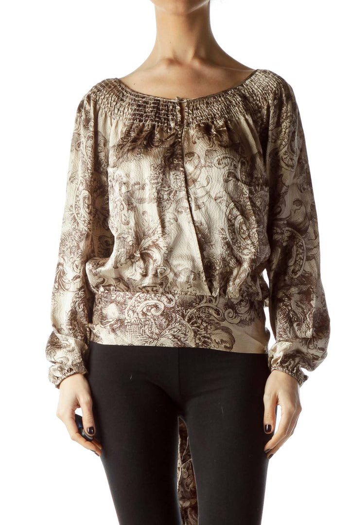 Brown 100% Silk Print Open Front and Back Top