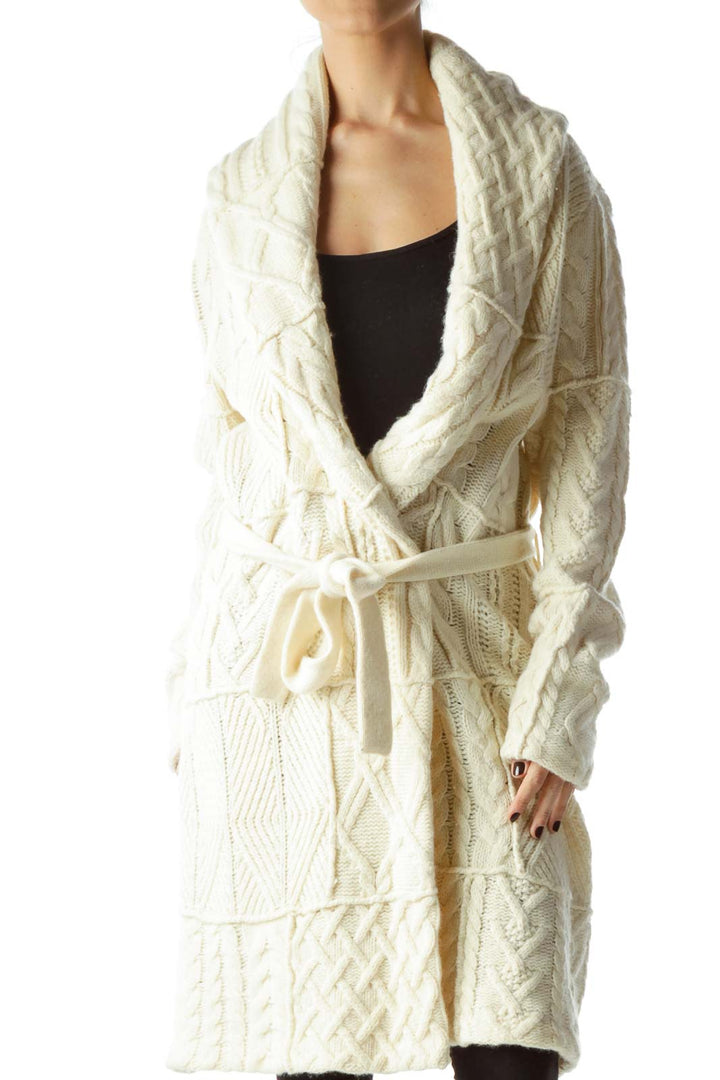 Cream Belted Cable Knit Cardigan