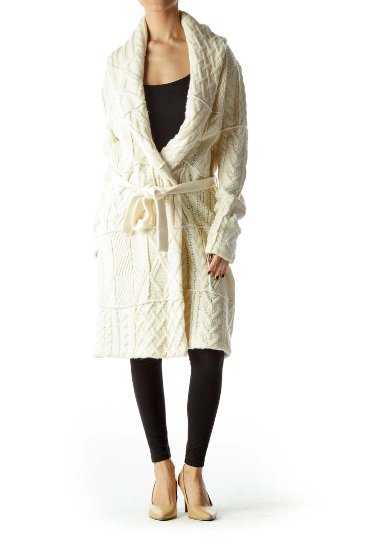 Cream Belted Cable Knit Cardigan