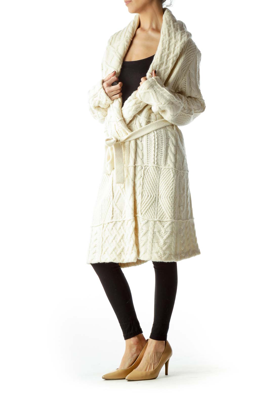 Cream Belted Cable Knit Cardigan