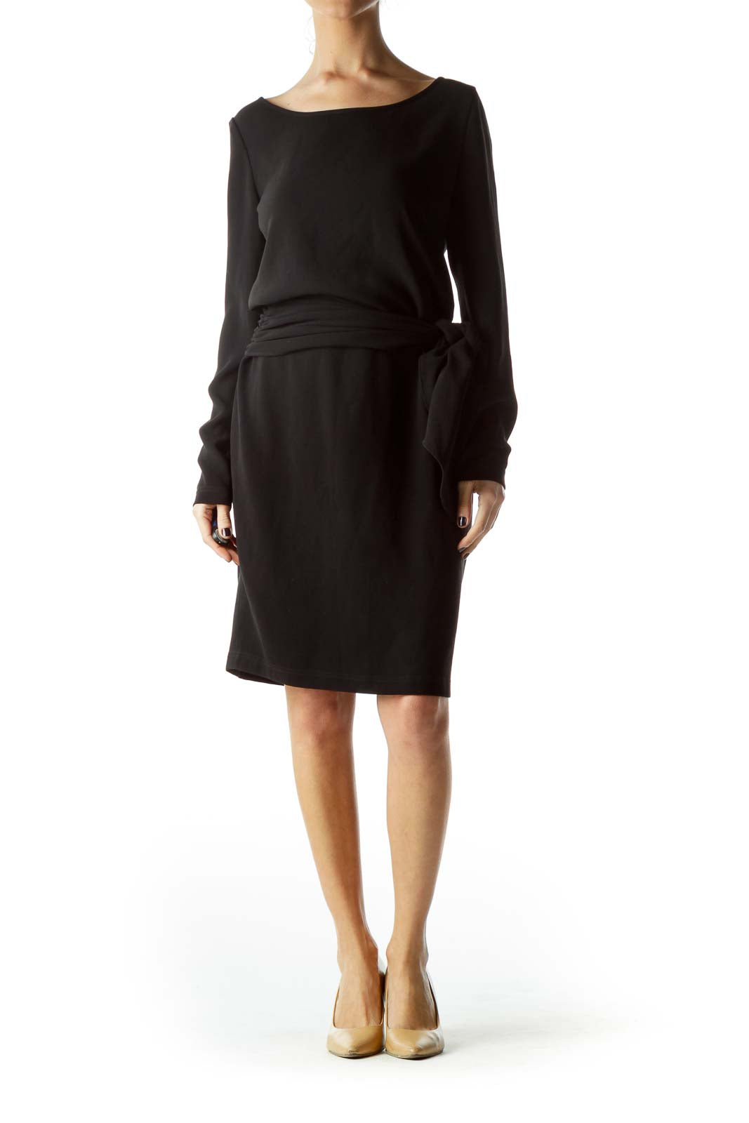 Black Round Neck Long-Sleeve Work Dress