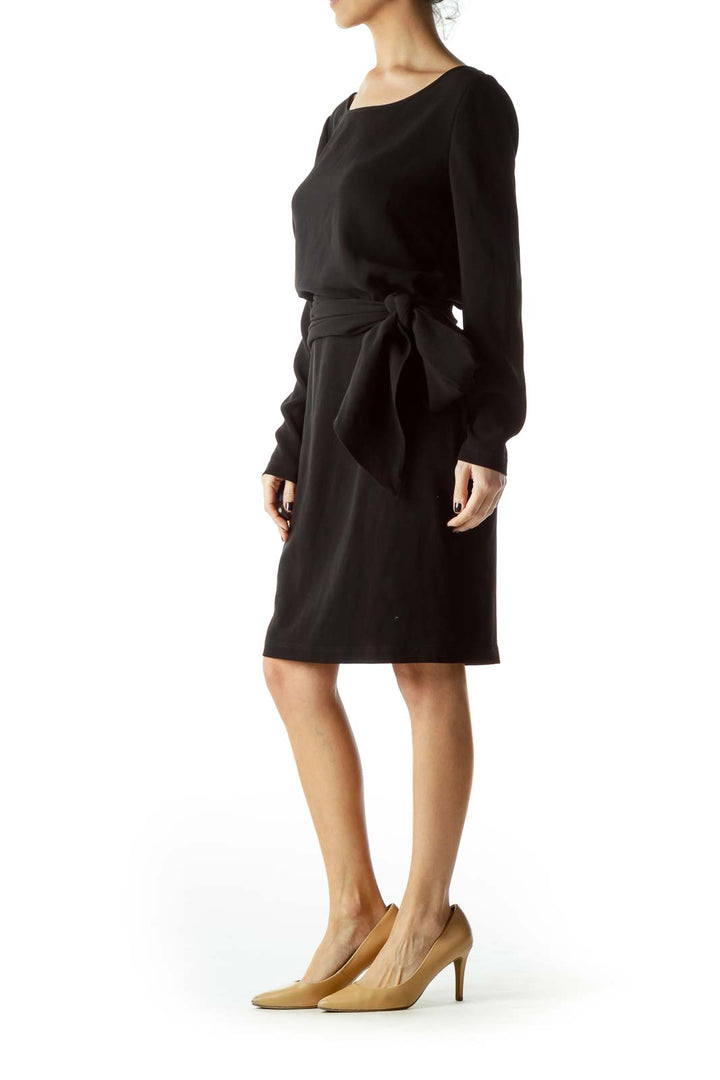 Black Round Neck Long-Sleeve Work Dress