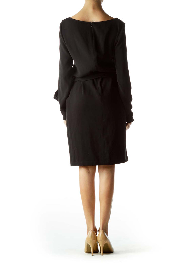 Black Round Neck Long-Sleeve Work Dress