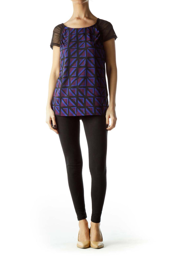 Black Violet Blue Geometric Print Blouse