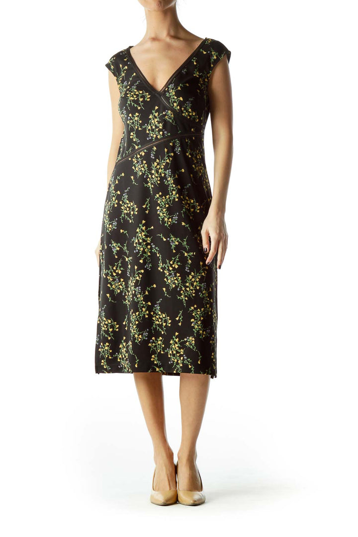 Black Yellow Flowers Print Day Dress