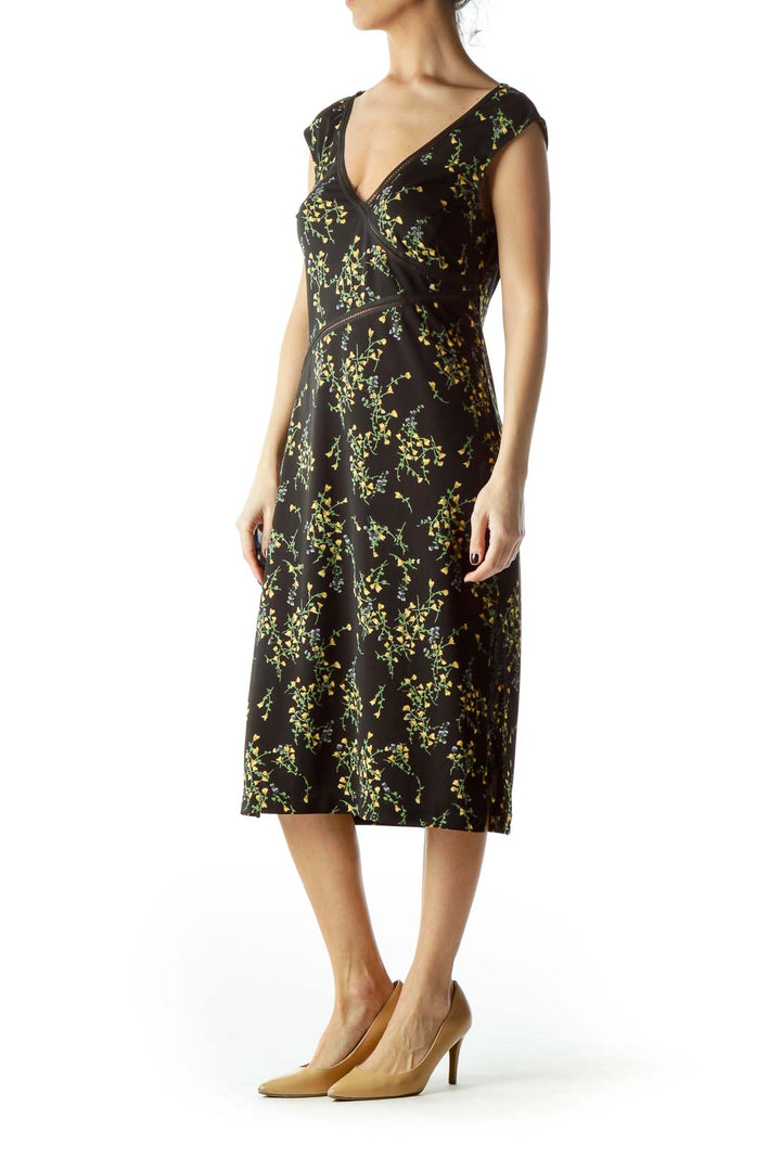 Black Yellow Flowers Print Day Dress