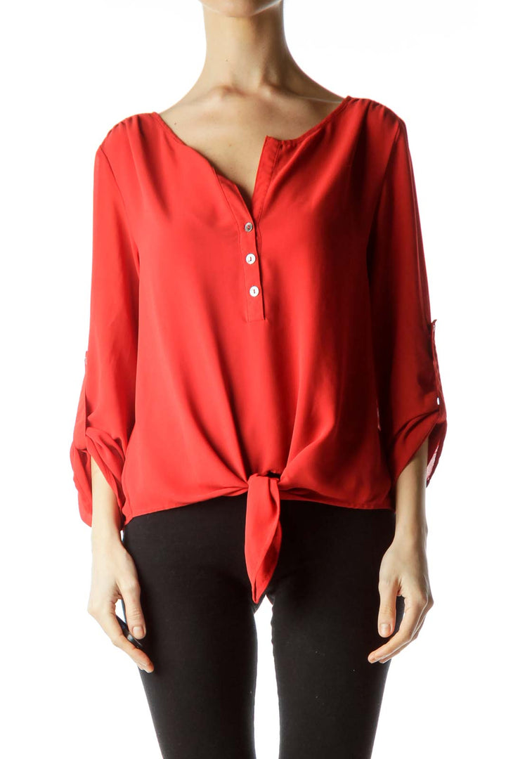 Red 3/4 Sleeve Tie Front Blouse