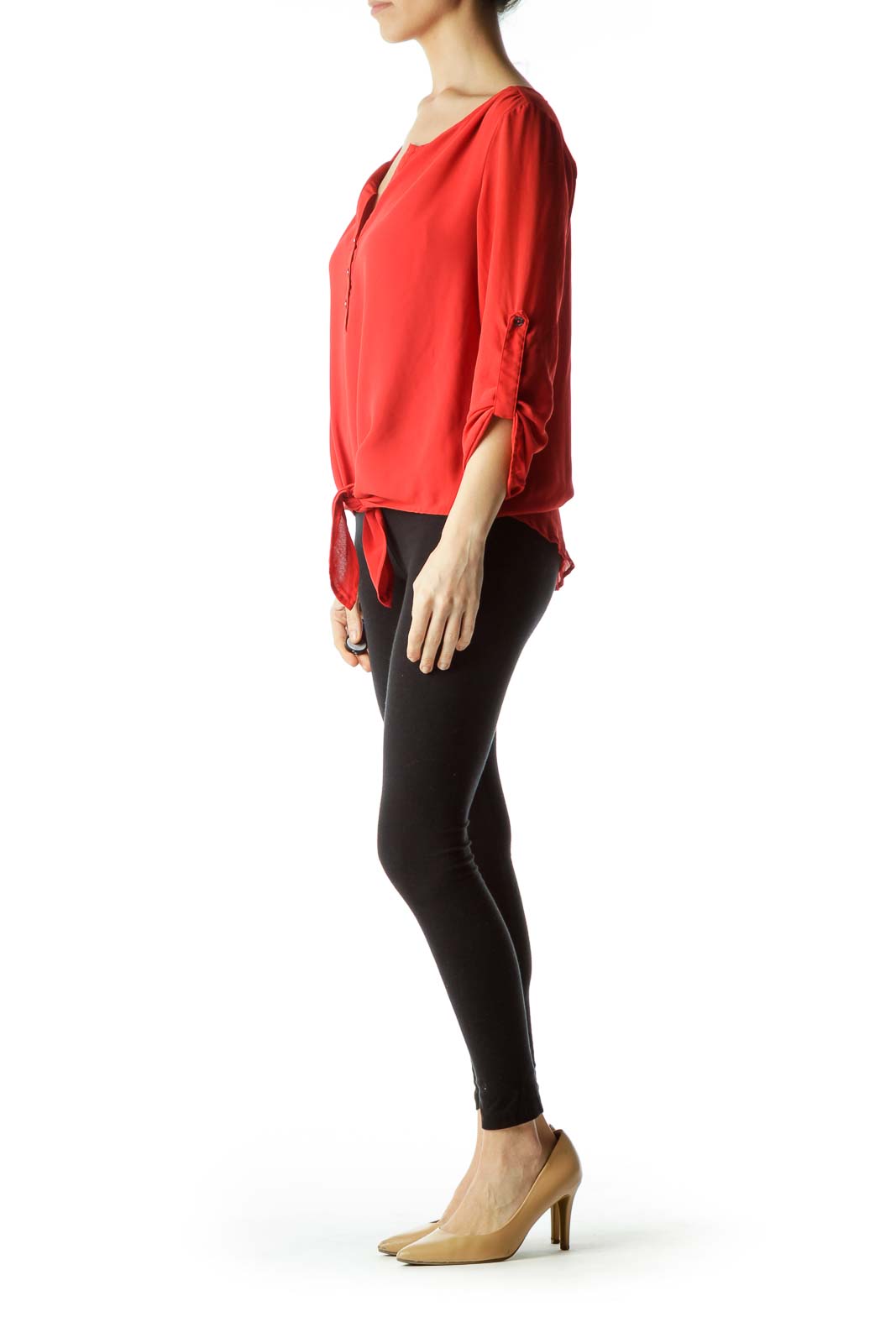 Red 3/4 Sleeve Tie Front Blouse