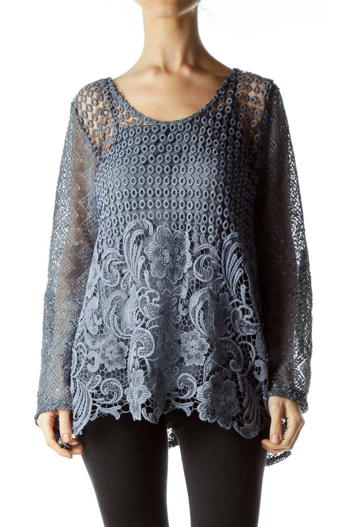 Blue Crocheted Long Sleeve Top