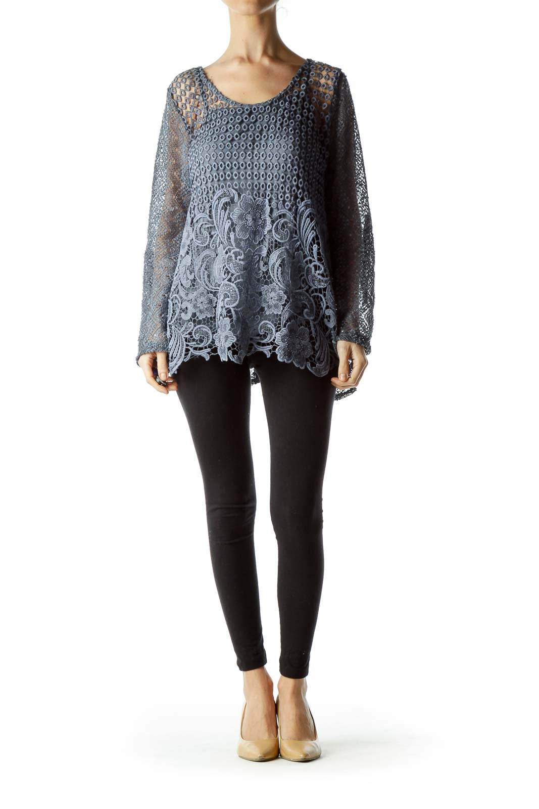 Blue Crocheted Long Sleeve Top