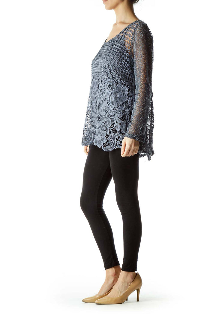 Blue Crocheted Long Sleeve Top