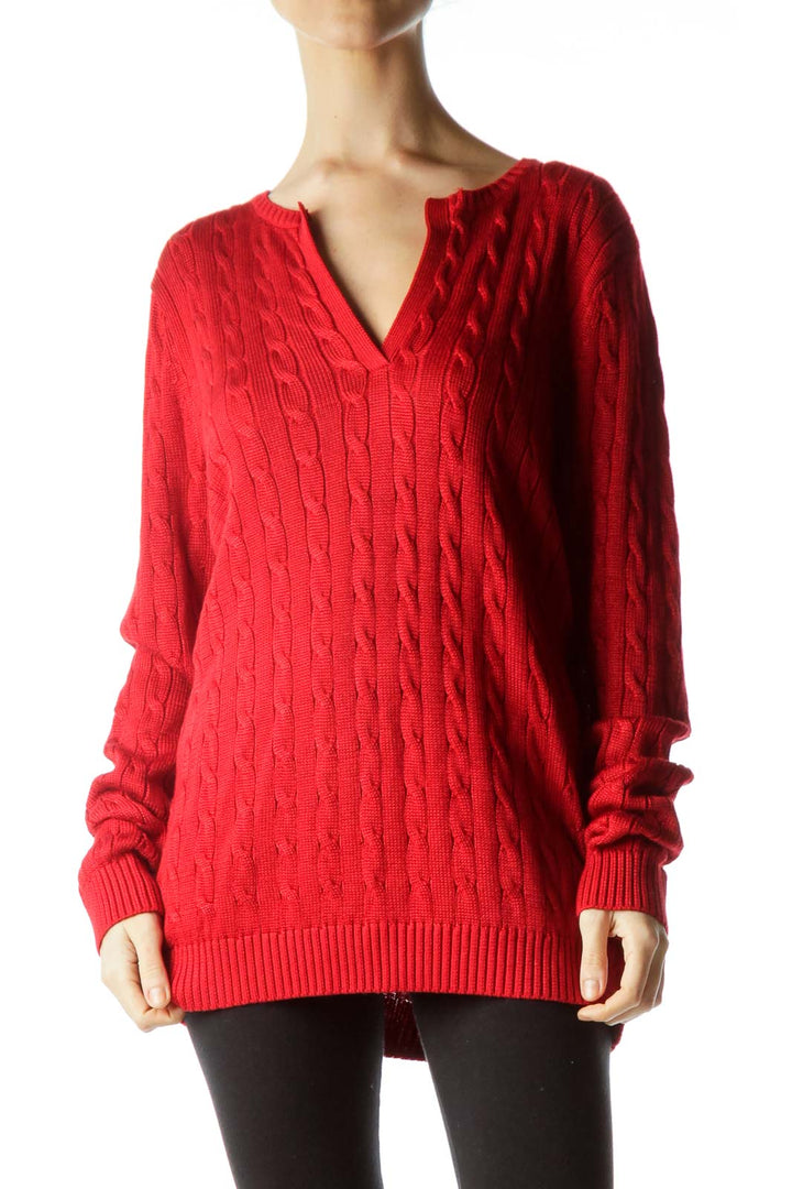 Red Cable V-Neck Sweater