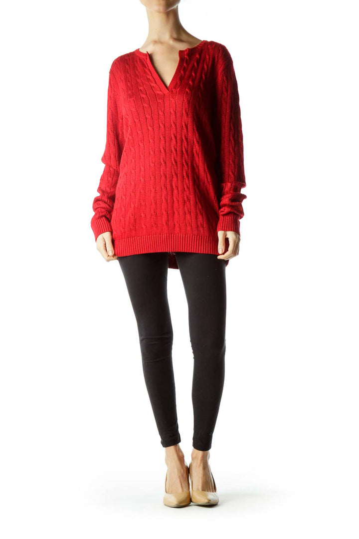 Red Cable V-Neck Sweater