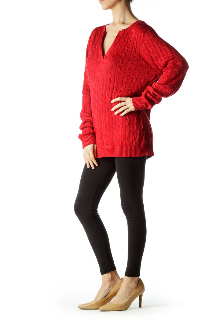 Red Cable V-Neck Sweater