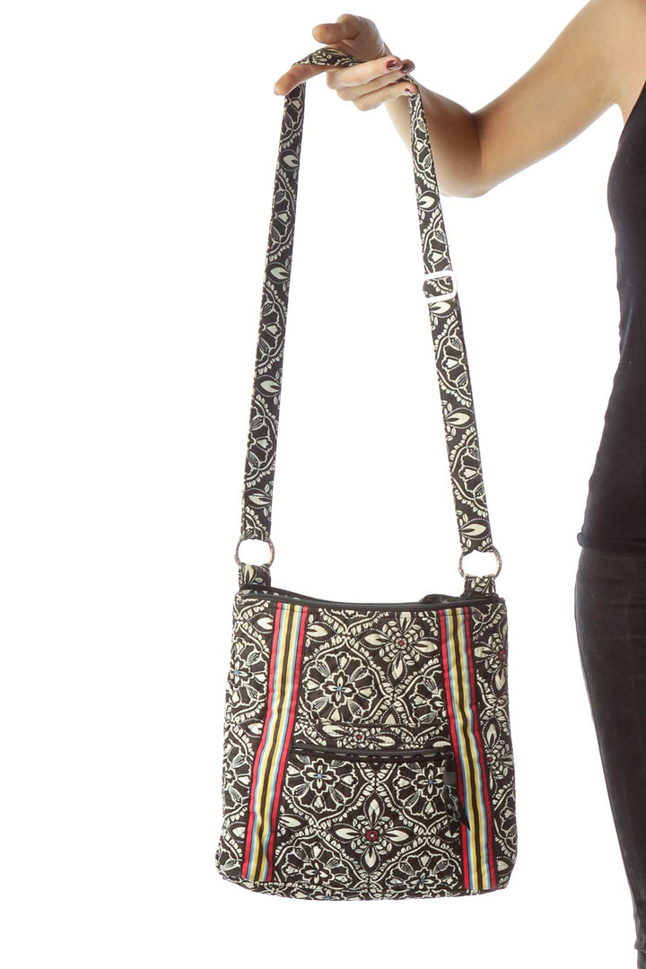 Black White Print Striped Quilted Crossbody Bag