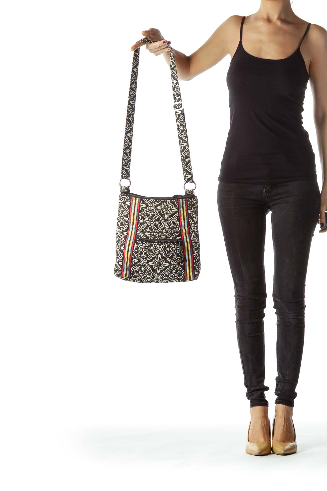 Black White Print Striped Quilted Crossbody Bag