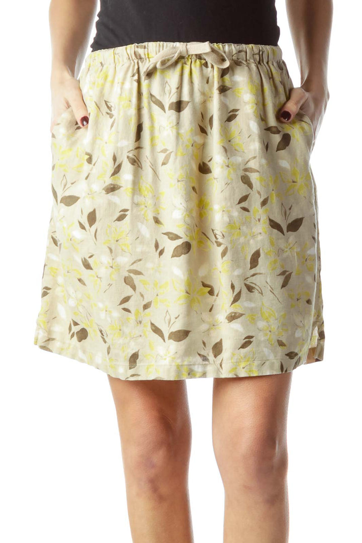 Beige Brown Green Floral Print 100% Linen Skirt