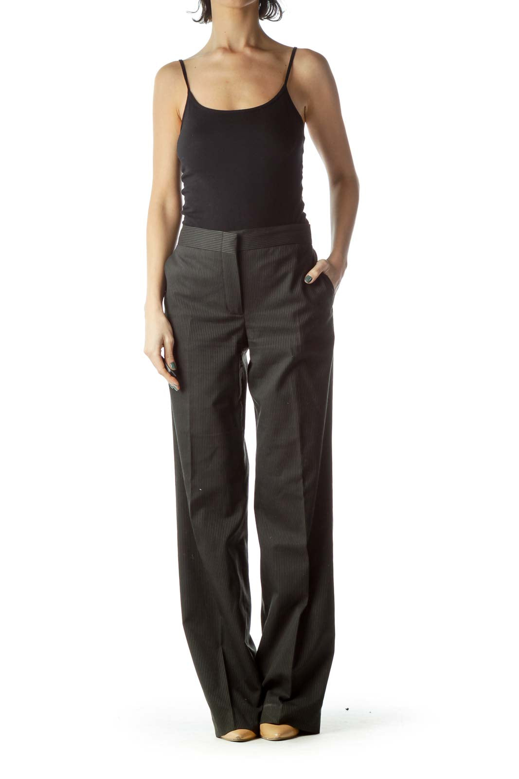 Gray Pinstripe Wide-Leg Slacks