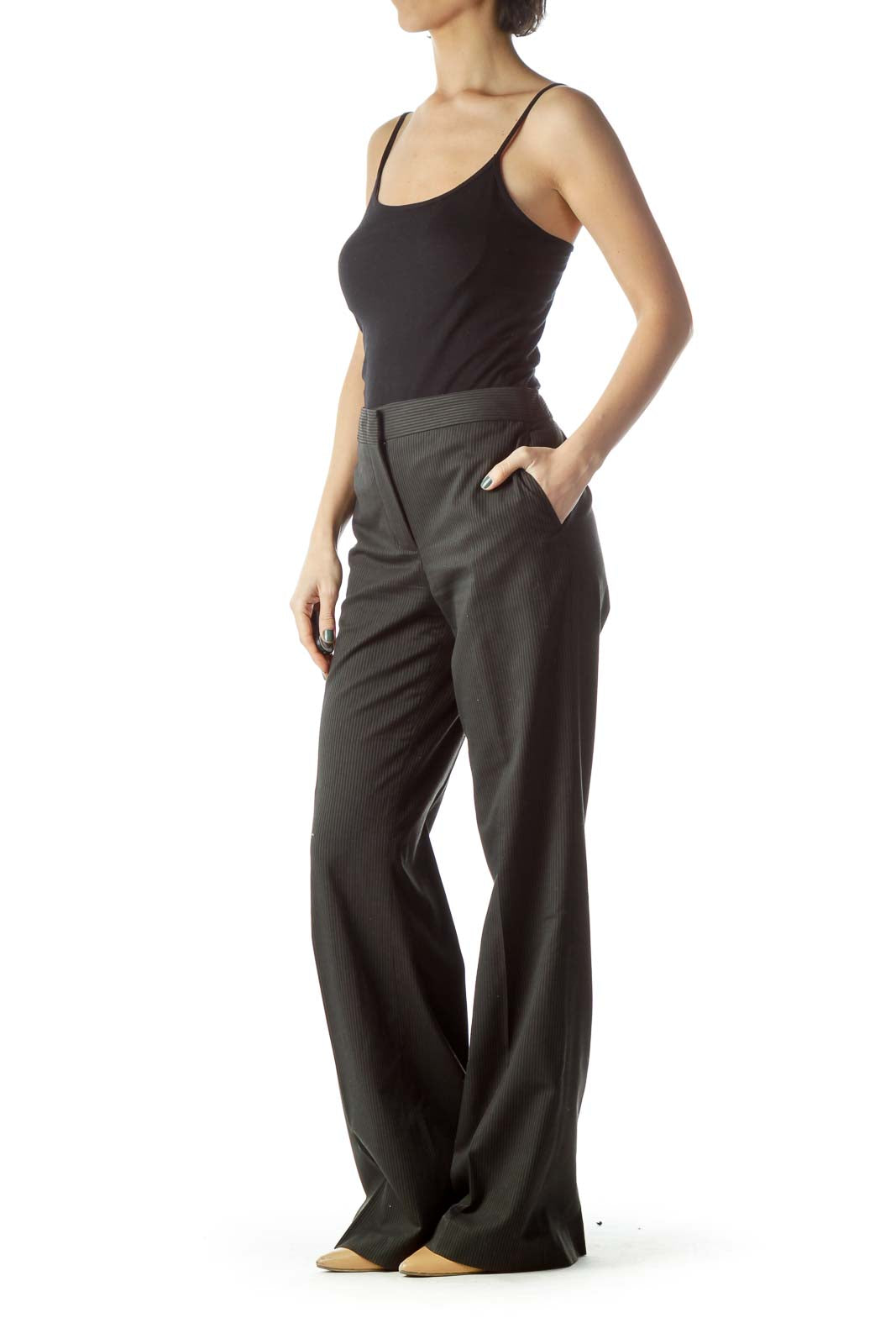 Gray Pinstripe Wide-Leg Slacks