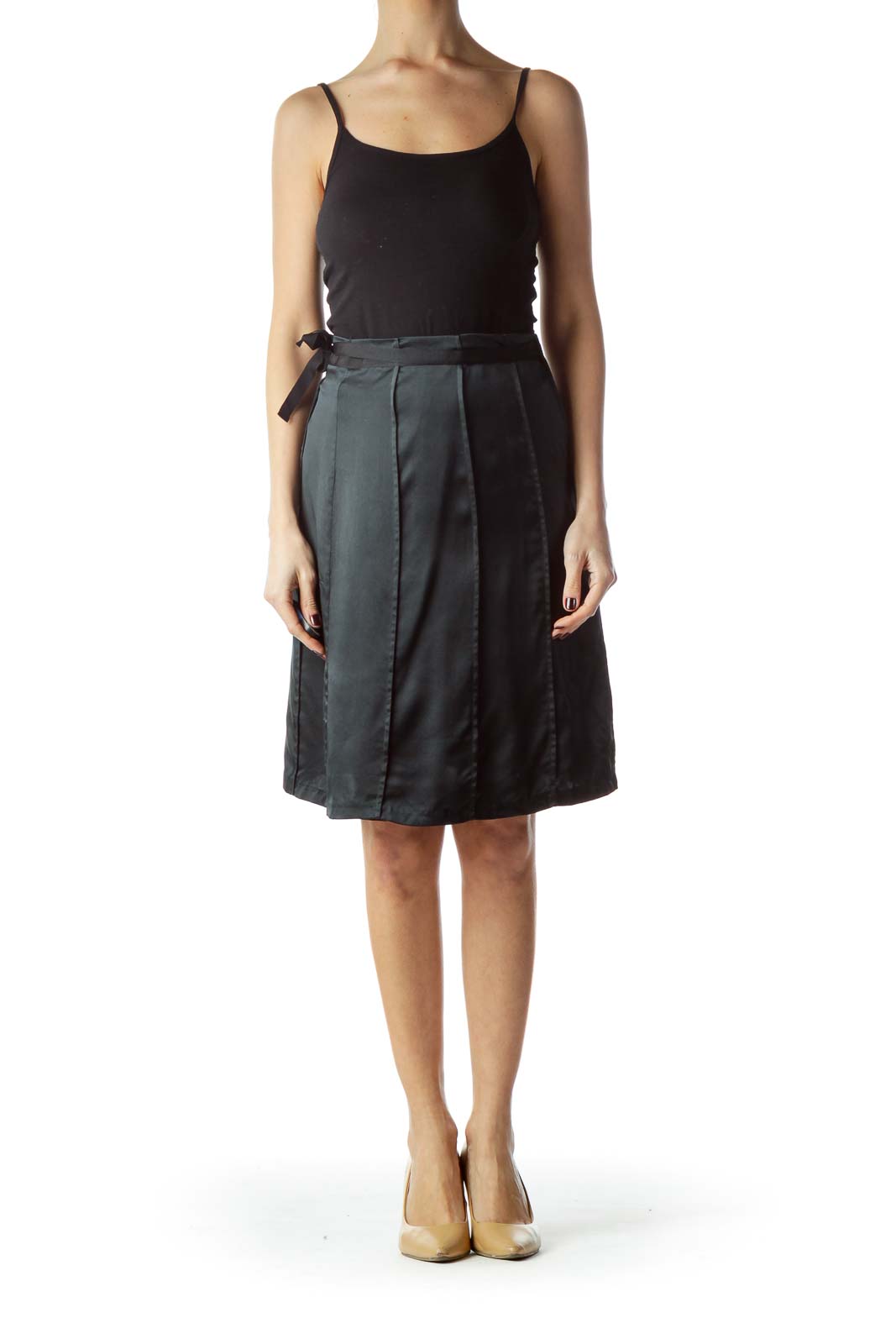 Black Flared Silk Skirt with Belt and Slip