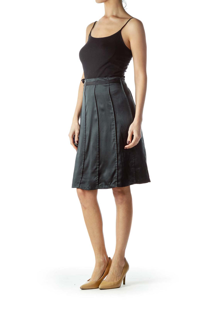 Black Flared Silk Skirt with Belt and Slip