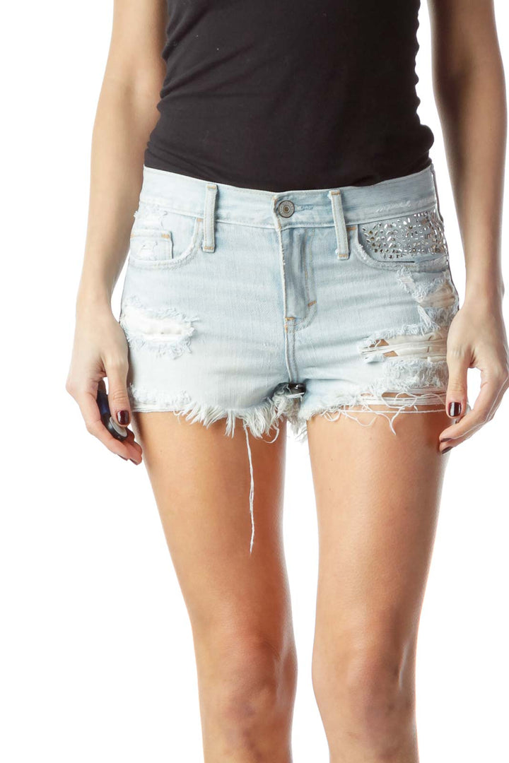 Blue 100% Cotton Embellished Denim Shorts