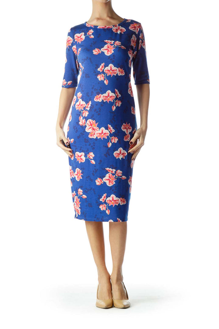 Blue Pink Flower Print Stretch Day Dress