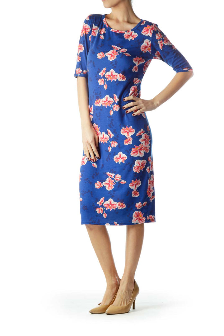 Blue Pink Flower Print Stretch Day Dress