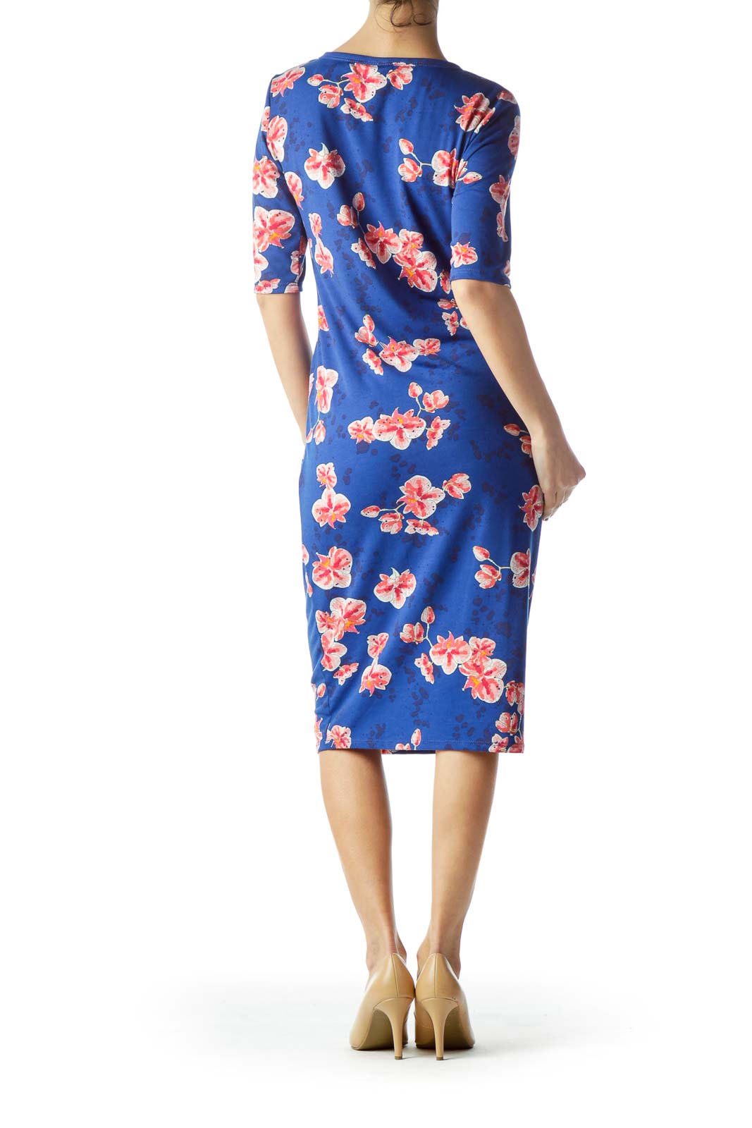 Blue Pink Flower Print Stretch Day Dress