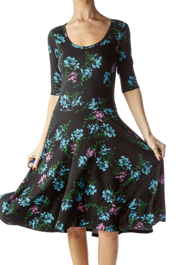 Black with Purple Blue Floral Print Day Dress