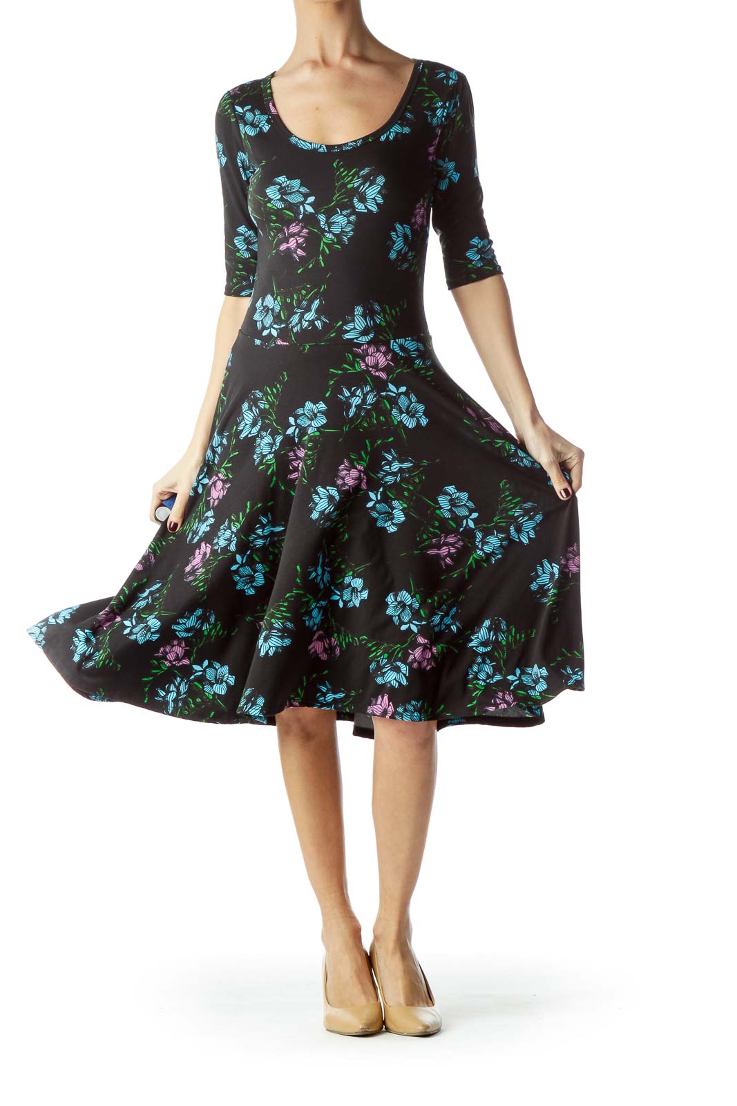 Black with Purple Blue Floral Print Day Dress