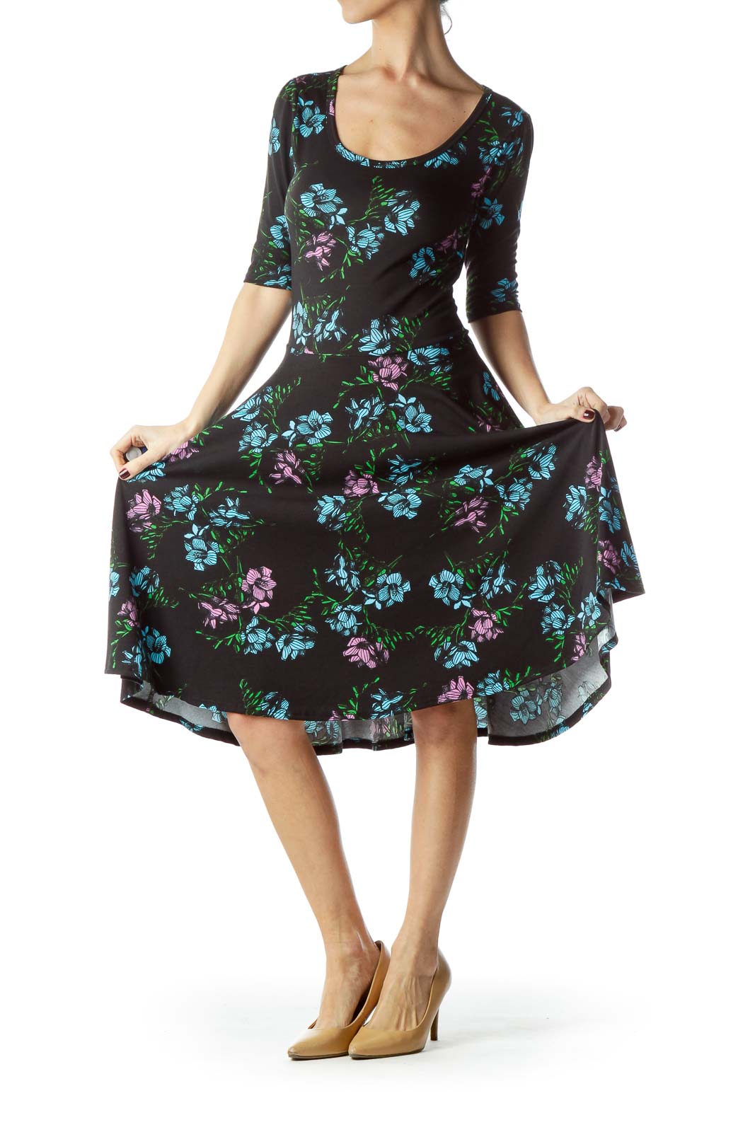 Black with Purple Blue Floral Print Day Dress