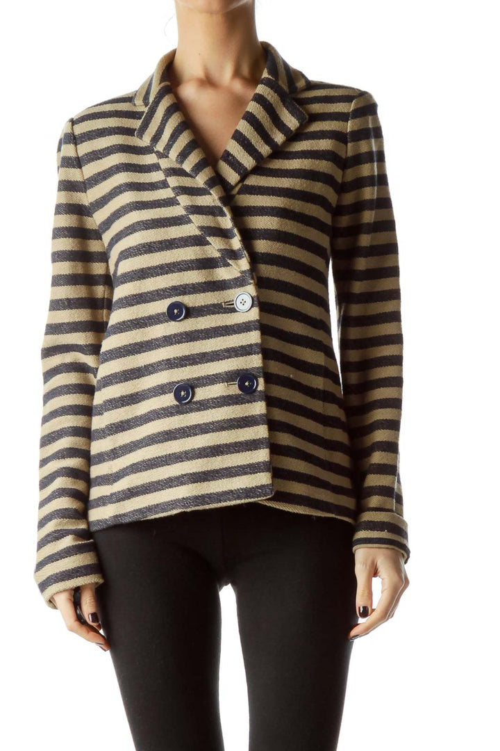 Beige Navy Blue Striped Knitted Texture Jacket