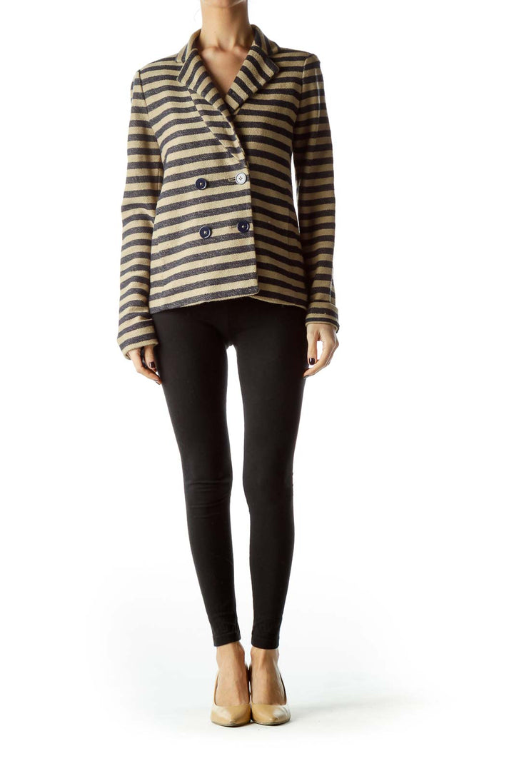 Beige Navy Blue Striped Knitted Texture Jacket