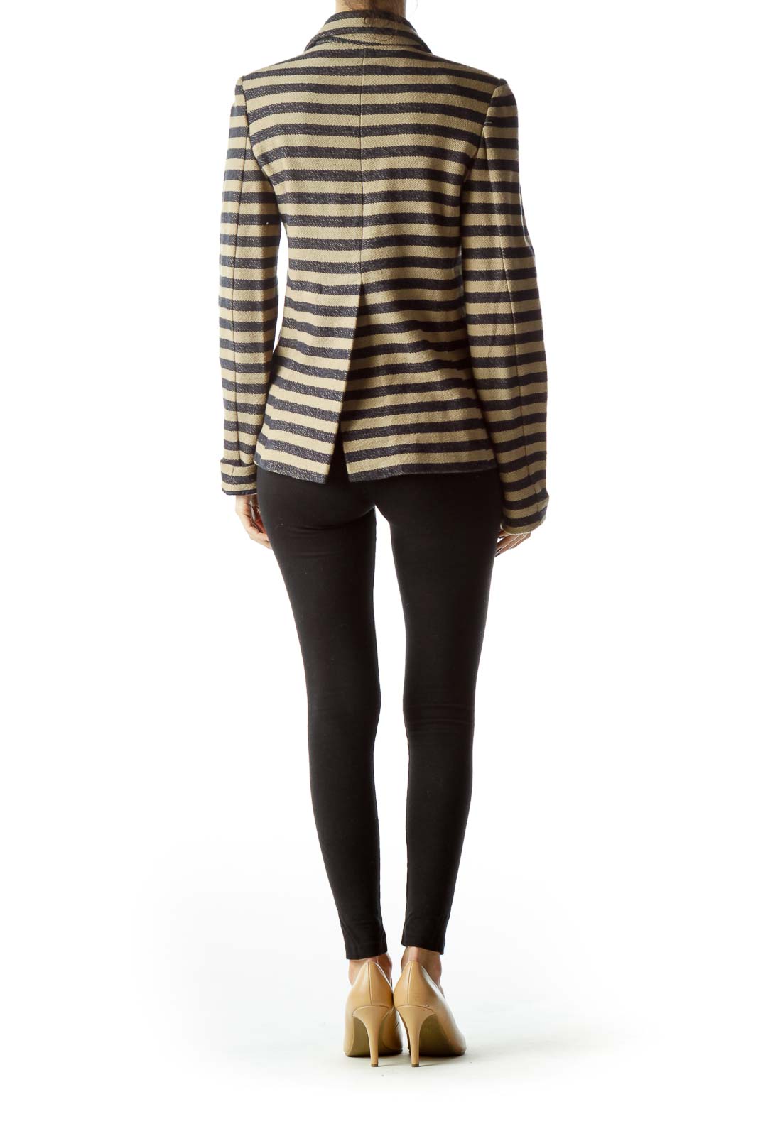 Beige Navy Blue Striped Knitted Texture Jacket