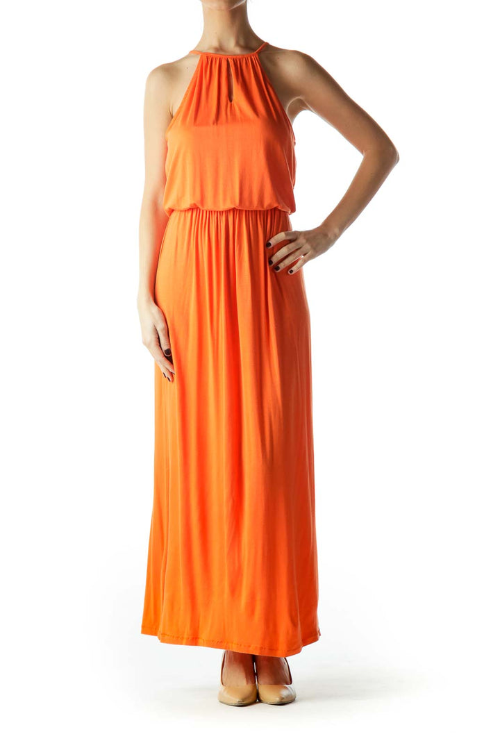 Orange Halter Neck Empire Waist Maxi Dress