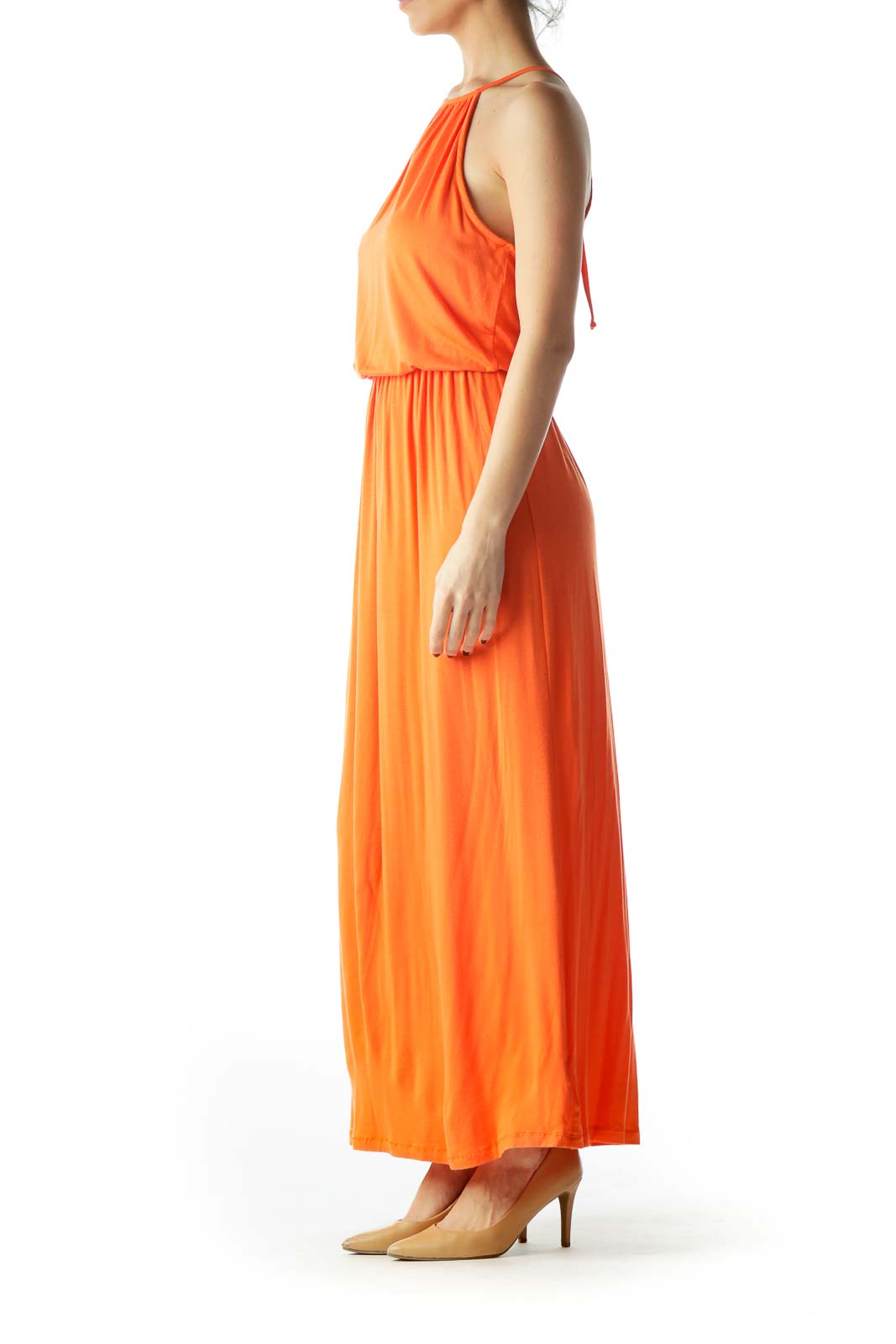 Orange Halter Neck Empire Waist Maxi Dress