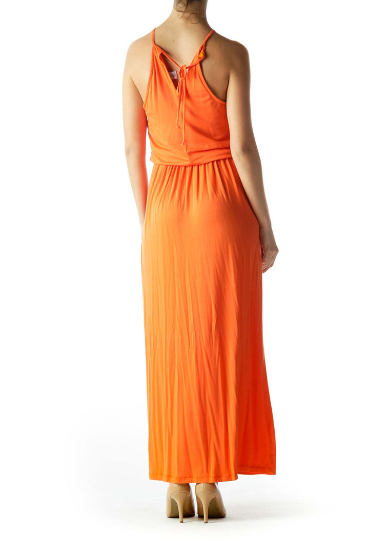 Orange Halter Neck Empire Waist Maxi Dress