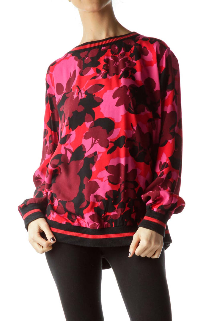 Black Pink Red Floral Print Blouse