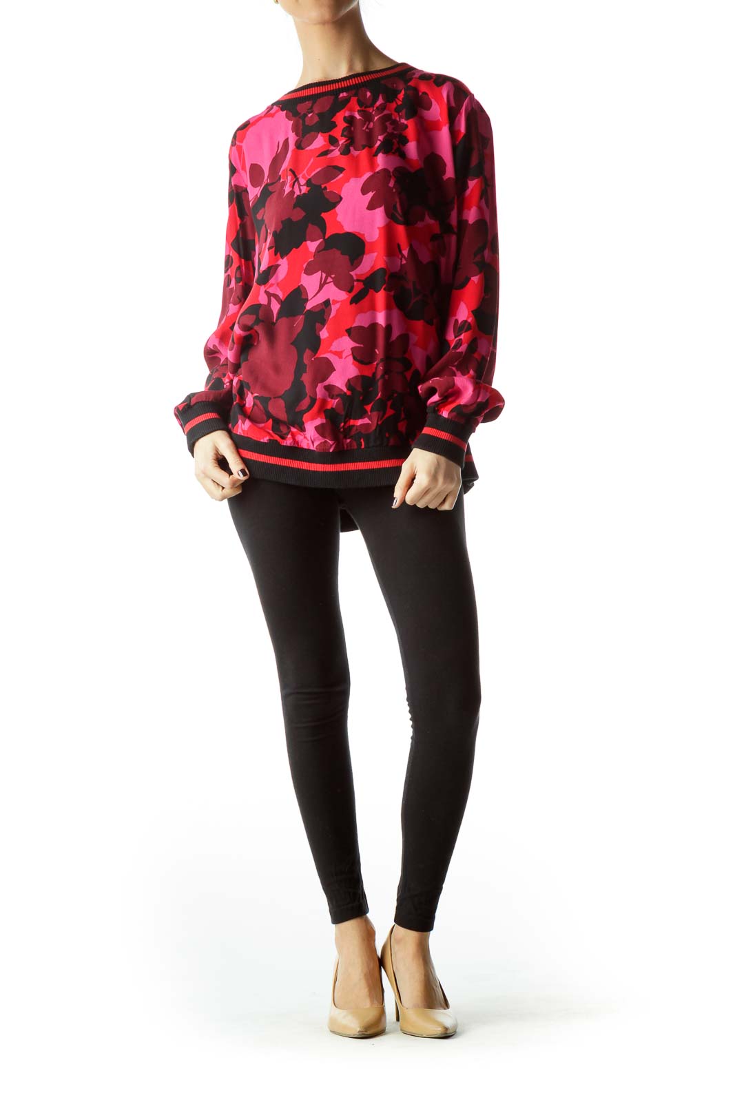 Black Pink Red Floral Print Blouse