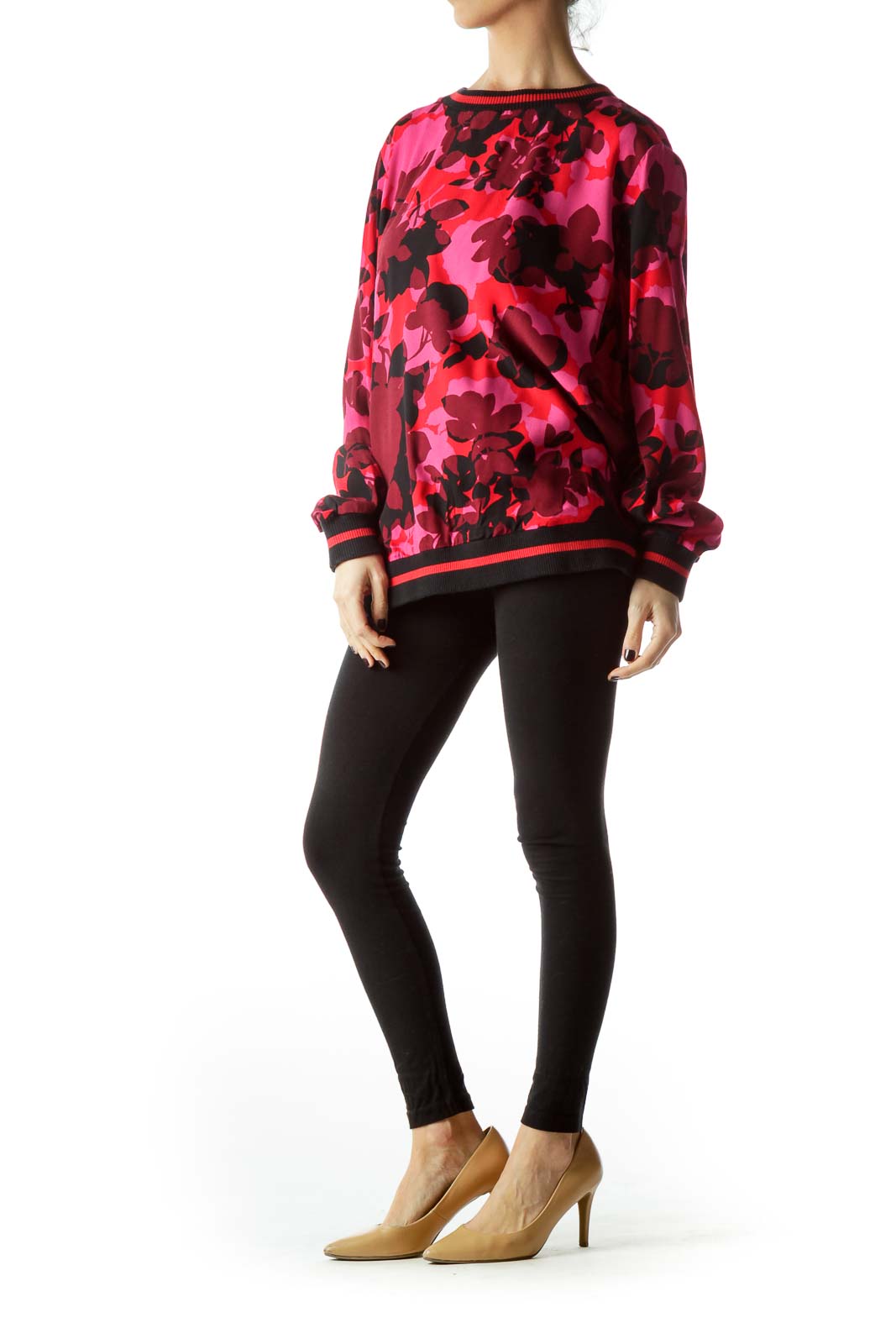 Black Pink Red Floral Print Blouse