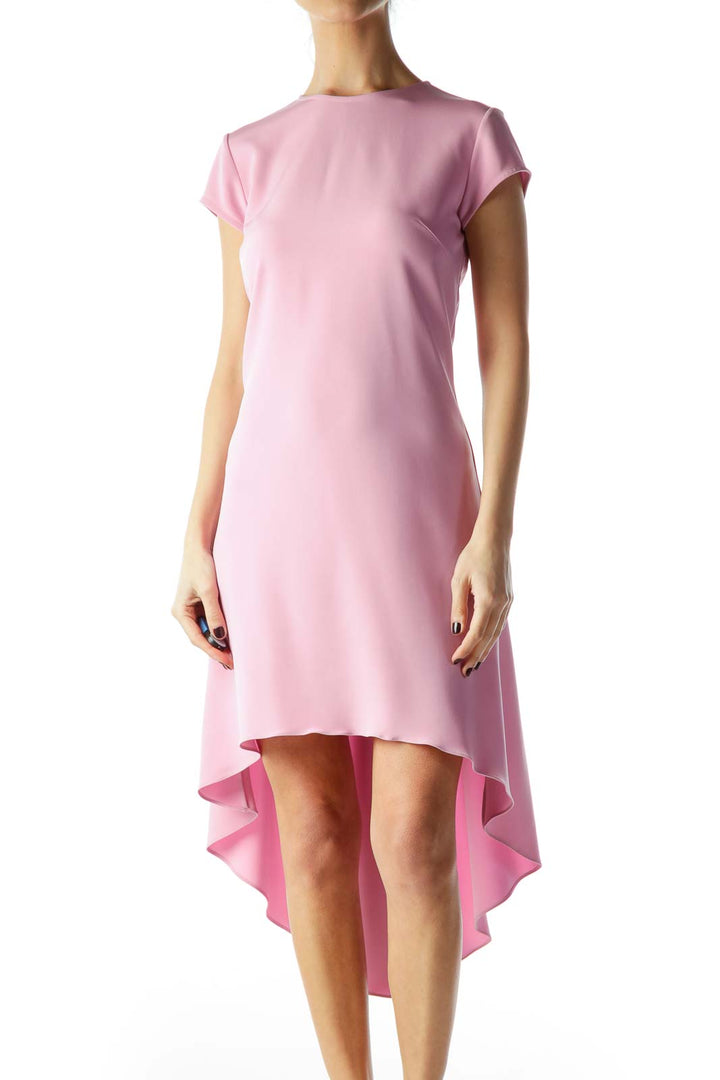 Pink High-Low Short Sleeves Dress