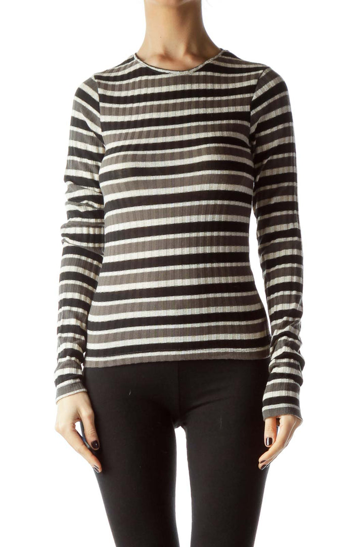 Black Gray Beige Striped Gold Thread Knit Top