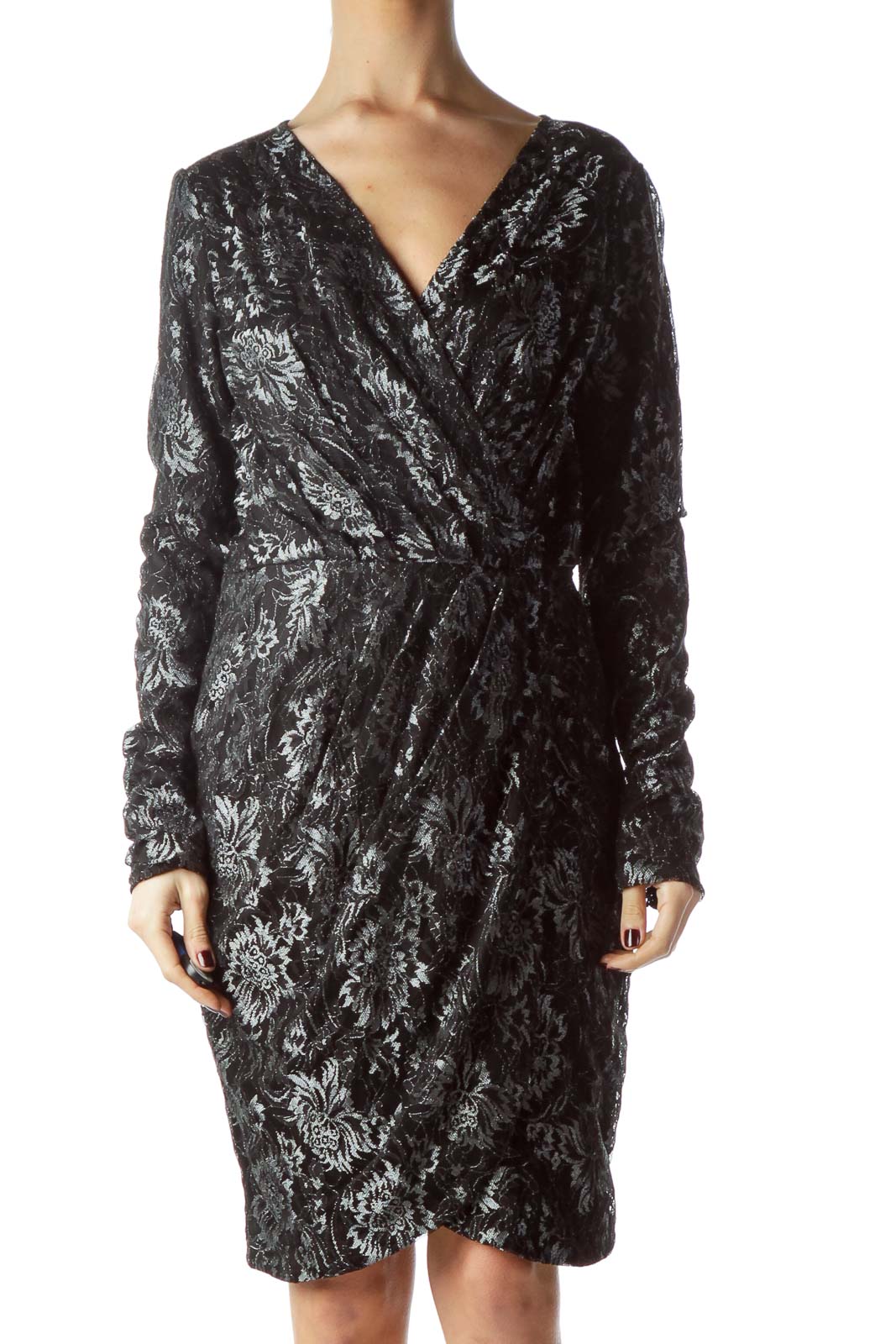 Front view of Sabine black wrap dress with silver floral pattern