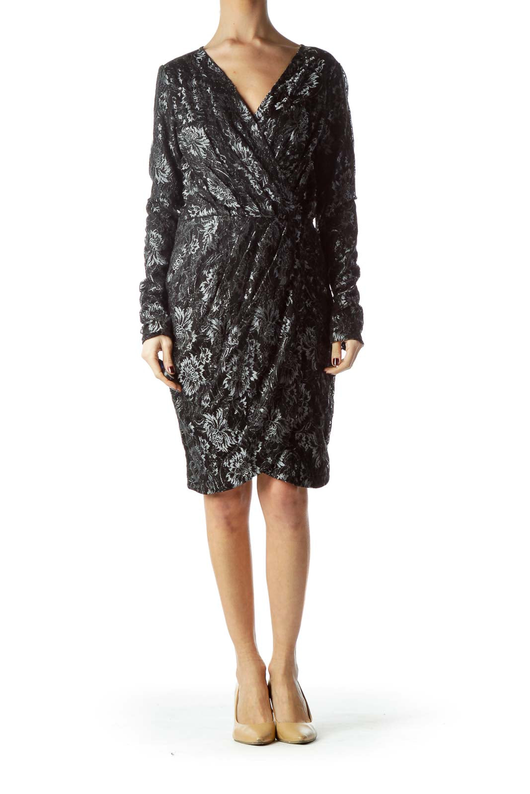 Front view of Sabine black wrap dress with silver floral pattern